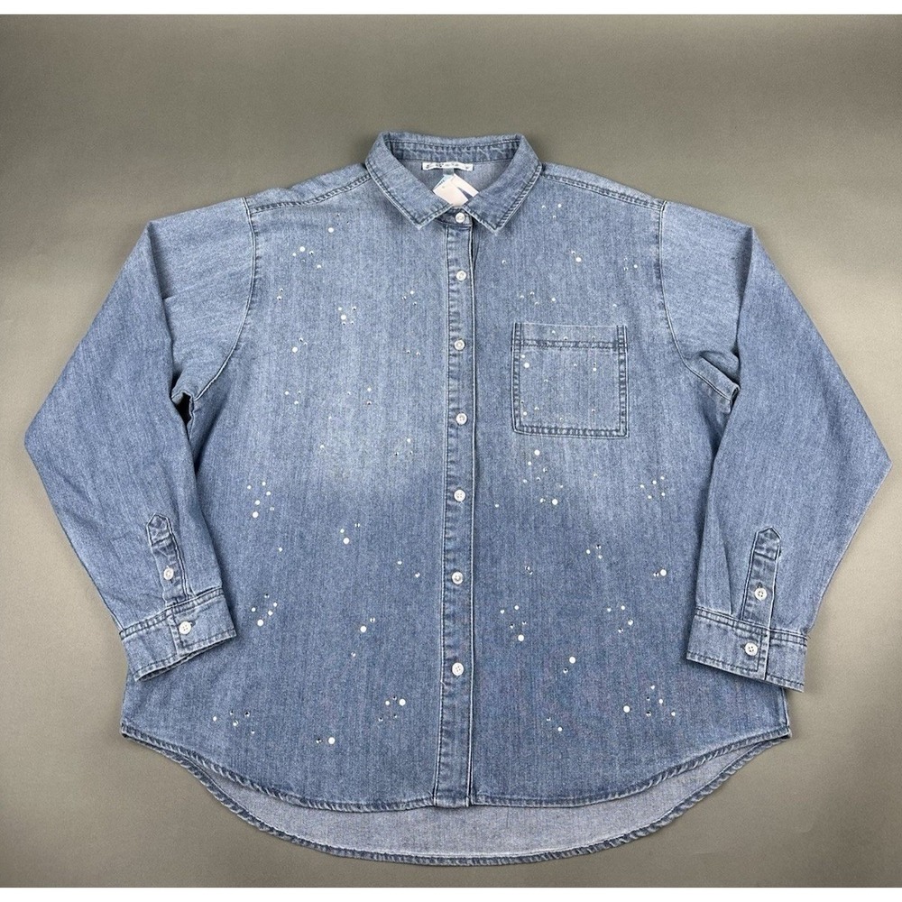 Seven7 Denim‎ Button Up Women's Size Large Denim Pearl Denim Pearl NWT
